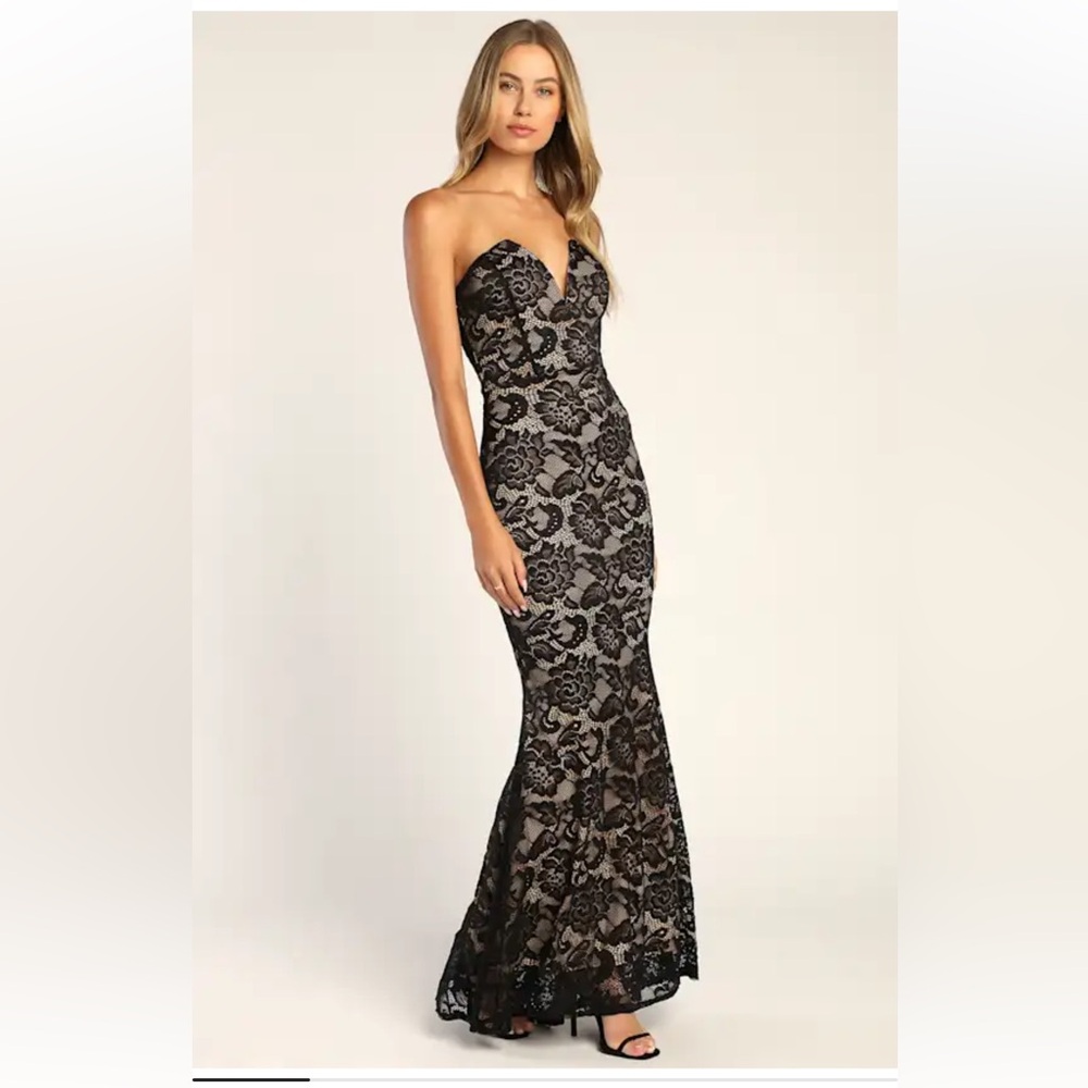 Lulus sexy sophistication Black Lace strapless trumpet maxi dress size XS NWOT